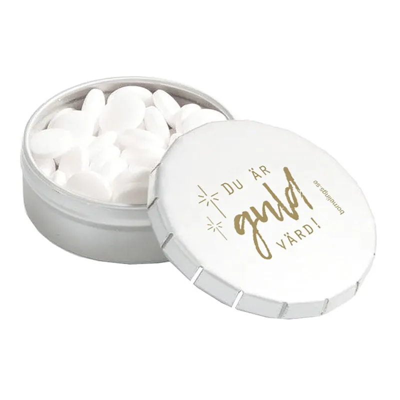 [912.016] Plåtask med mintpastiller – Du är guld värd (vit)