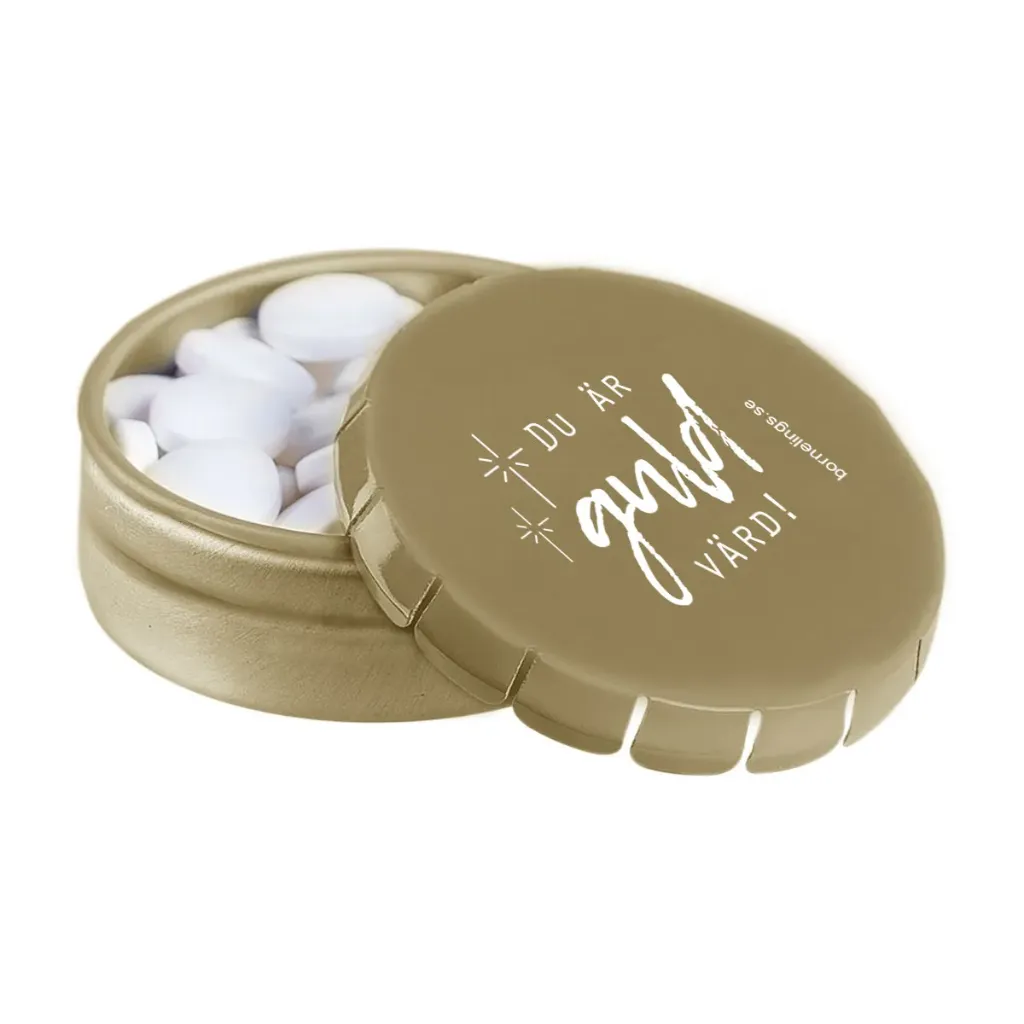[912.017] Plåtask med mintpastiller – Du är guld värd (guld)